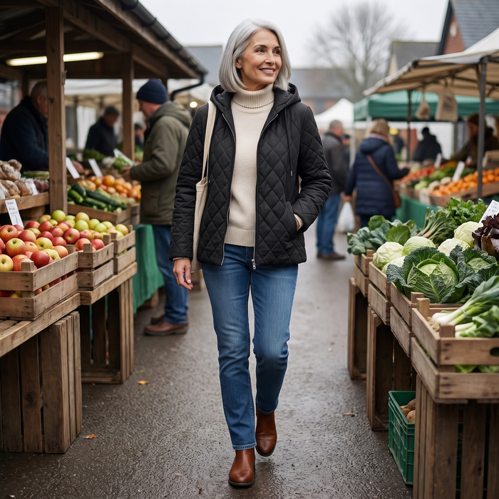 Woman in the Routa quilted jacket at an outdoor market on a cold morning