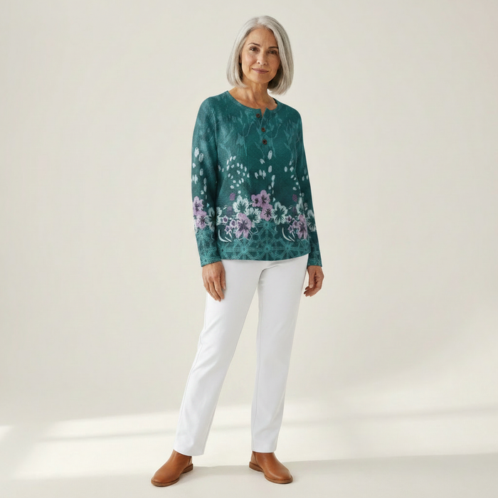 Saana - Teal Floral Waffle Henley
