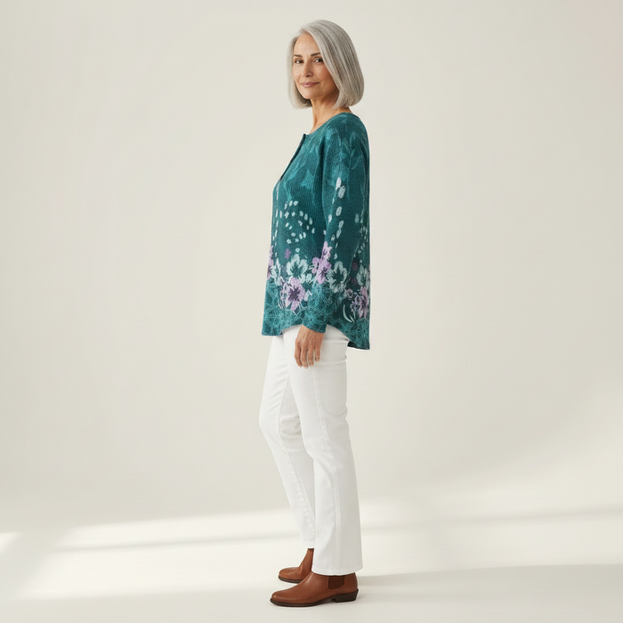 Saana - Teal Floral Waffle Henley
