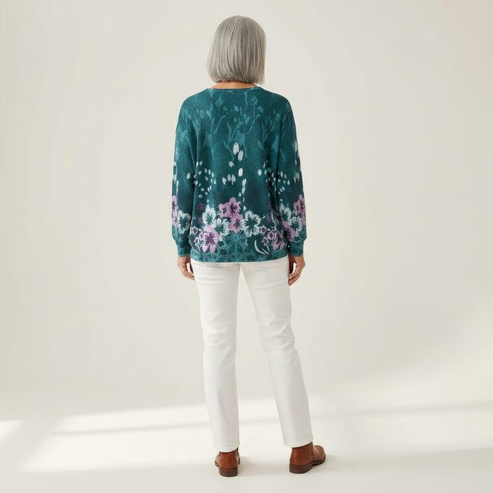 Saana - Teal Floral Waffle Henley
