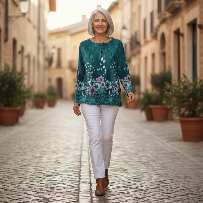 Saana - Teal Floral Waffle Henley