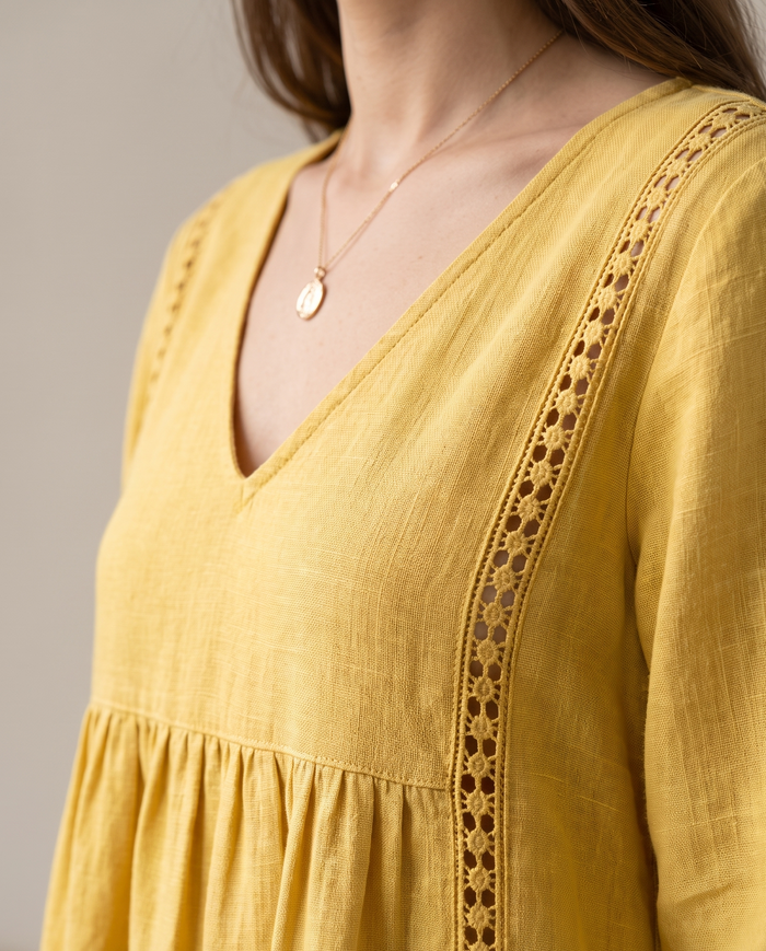 Saara V-neck lace-trim midi dress, close-up of the V-neckline and openwork lace trim