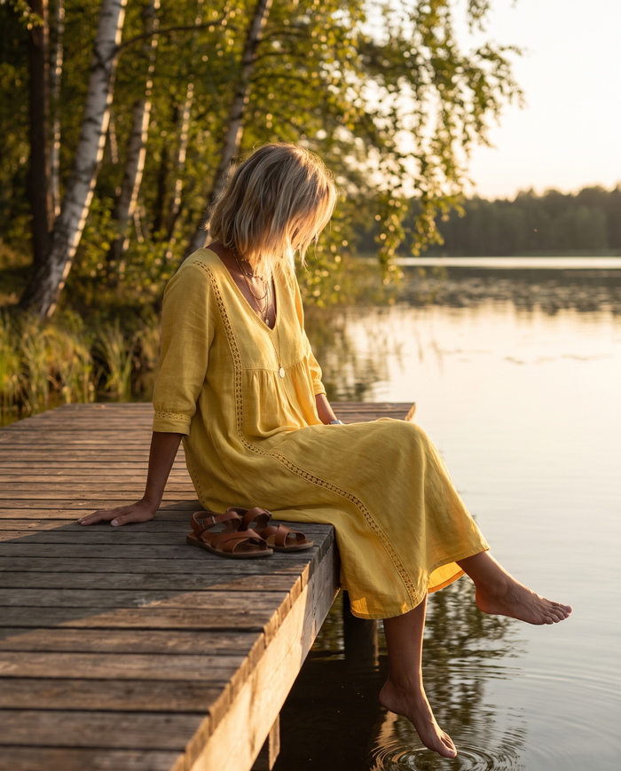 Saara V-neck lace-trim midi dress worn on a lakeside jetty at golden hour