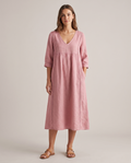 Saara V-neck lace-trim midi dress in pink, editorial studio shot