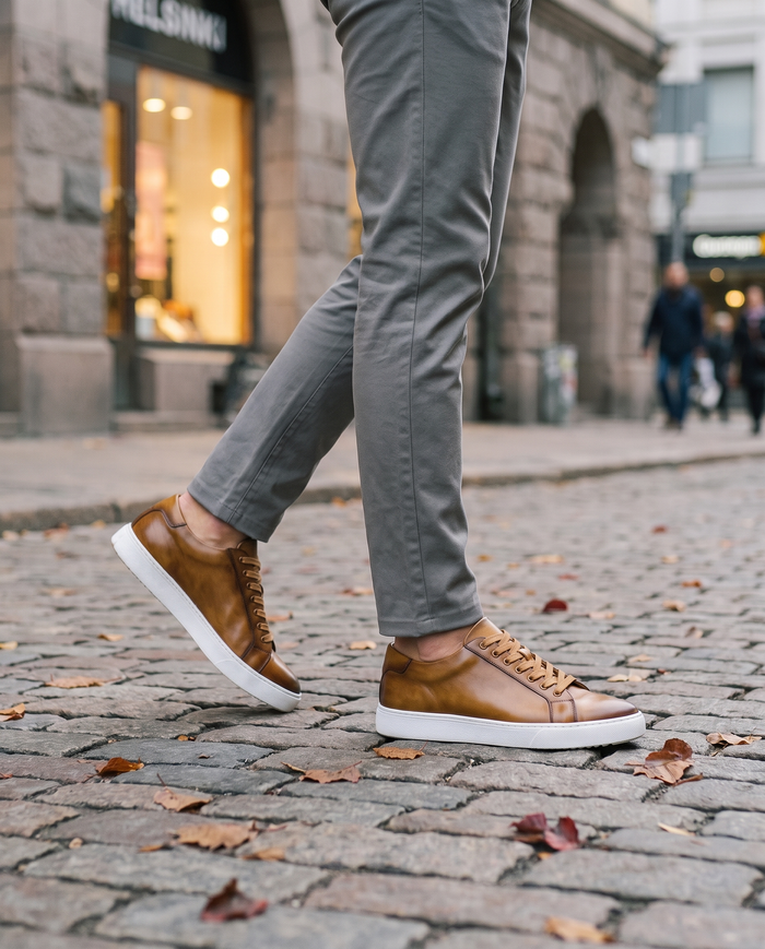 Saint-Tropez sneakers on a Helsinki cobbled street
