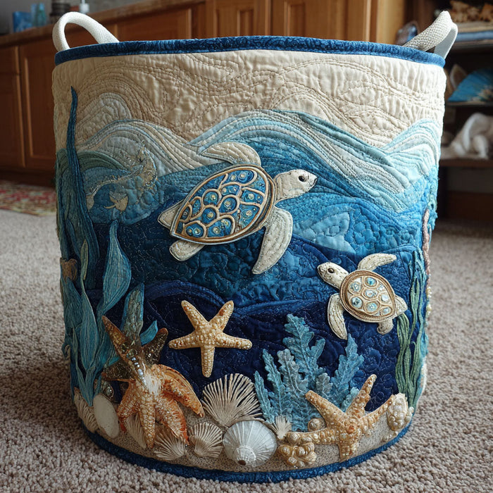Quilted laundry basket with sea turtles, coral and shells