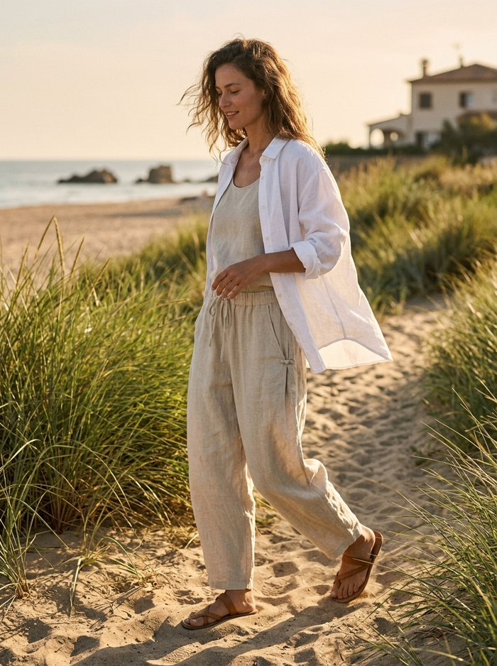 Senna linen trousers - beach path golden hour lifestyle mood