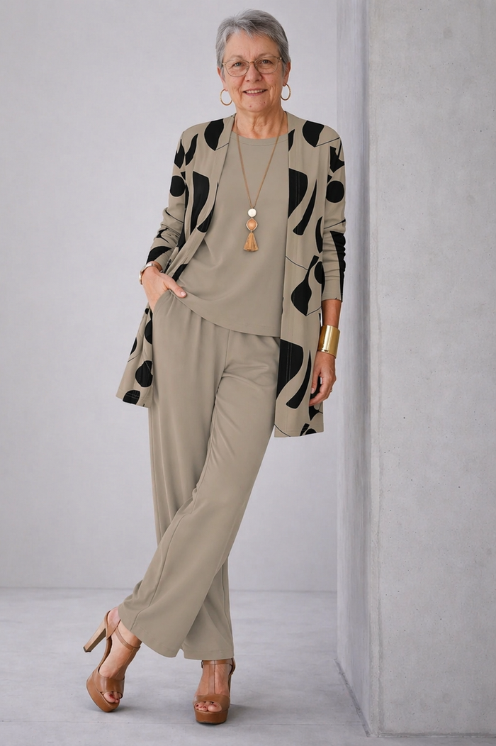 Sheila | Taupe Abstract Print Three-Piece Set