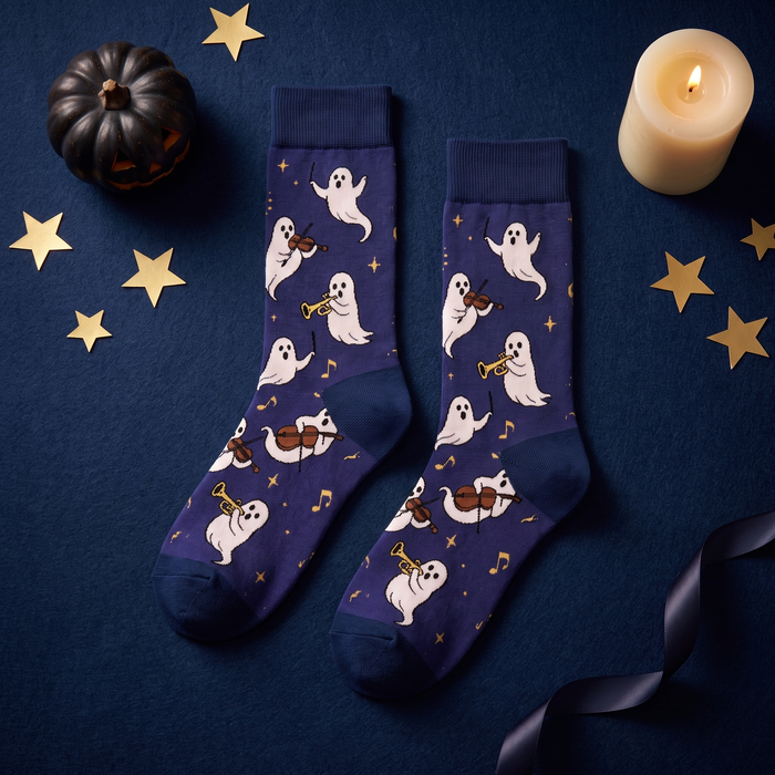 EMMA Sinfonia Halloween crew socks in navy with ghost musicians and gold music notes, styled with gold stars, a dark pumpkin and a candle