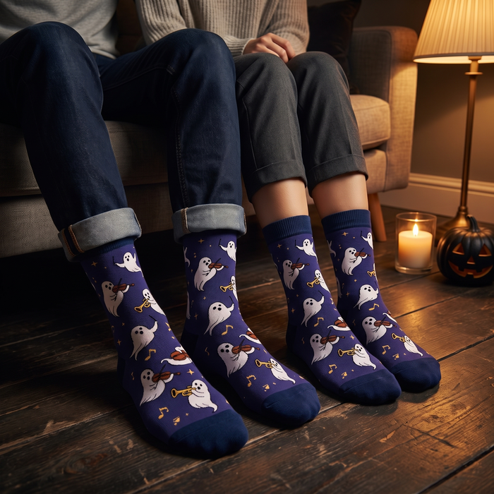 A man and a woman sitting by a sofa wearing EMMA Sinfonia navy Halloween crew socks with ghost musicians and gold music notes