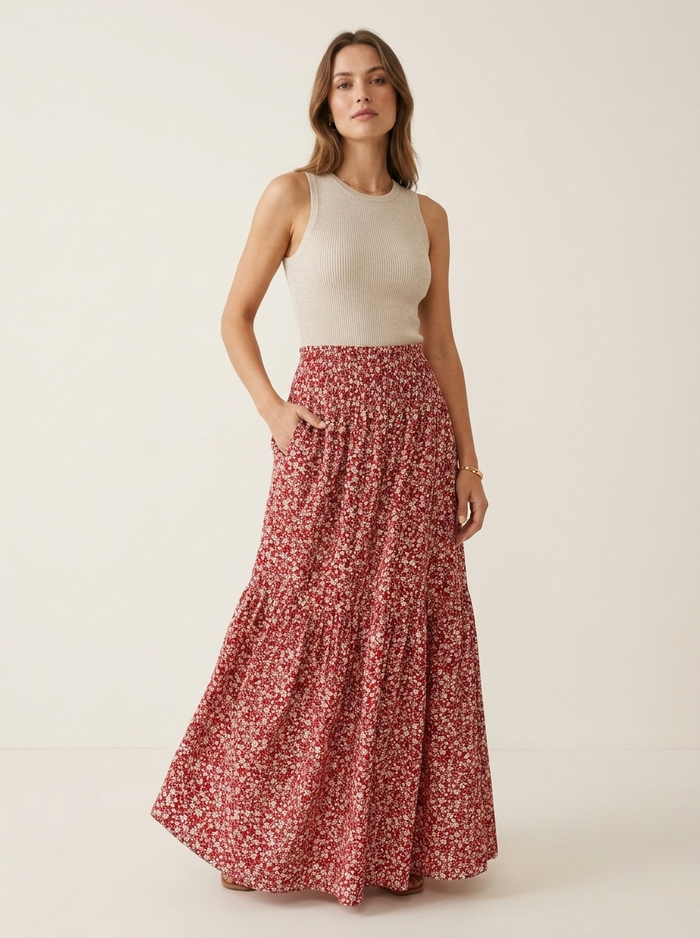 Skirt Floral with Pockets red - editorial hero