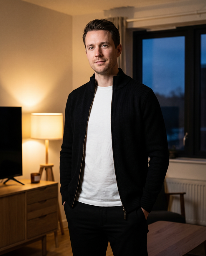 Black full-zip stand-collar cardigan worn in a Nordic apartment at dusk