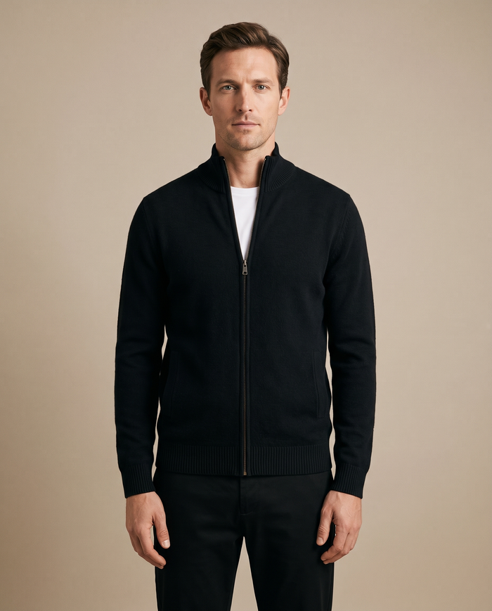 Black full-zip knitted cardigan with stand collar
