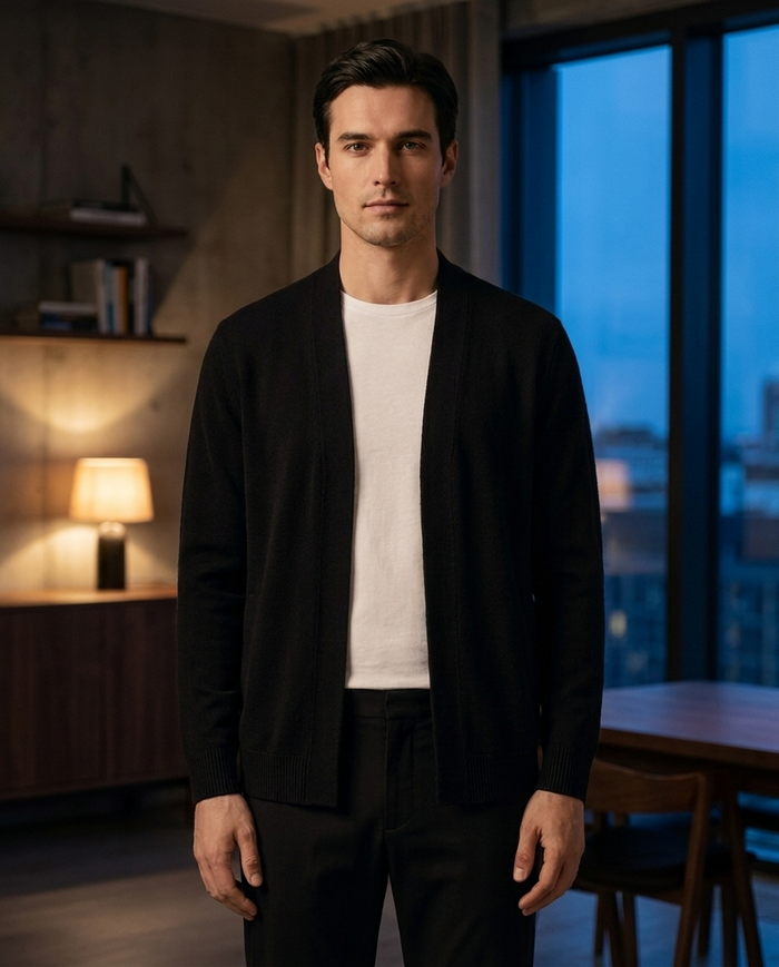 Black open-front cardigan worn in a Nordic apartment at dusk
