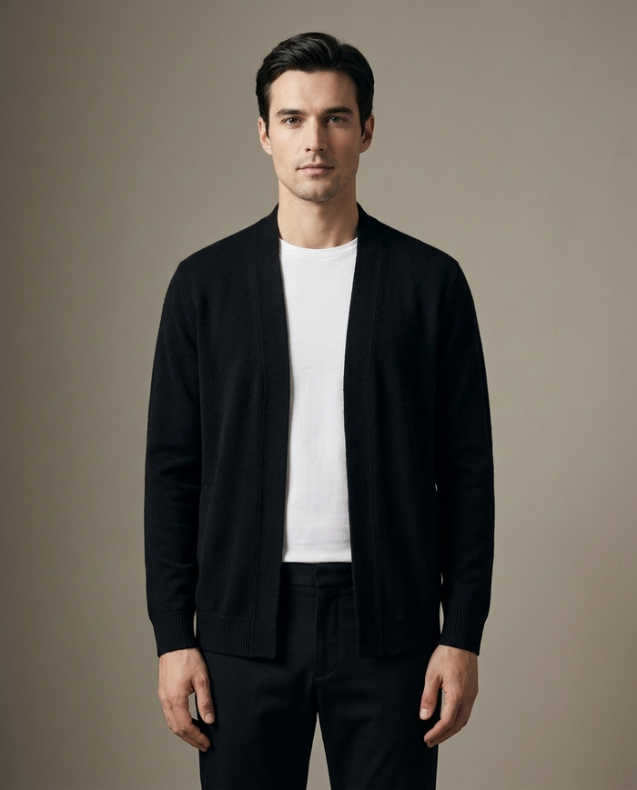 Black open-front fine-knit cardigan