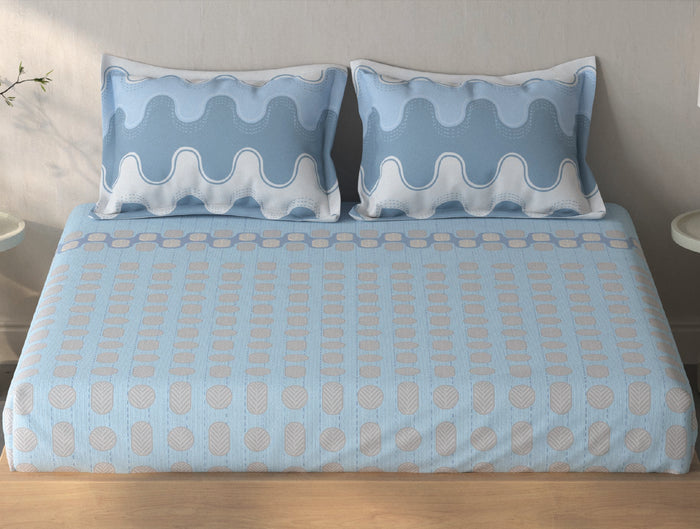 Spaces Fiora Blue Geometric 100% Cotton Queen Fitted Sheet with 2 Pillow Covers - 60 x 78 Inches
