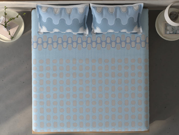 Spaces Fiora Blue Geometric 100% Cotton Queen Fitted Sheet with 2 Pillow Covers - 60 x 78 Inches