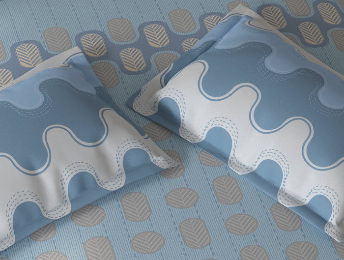 Spaces Fiora Blue Geometric 100% Cotton Queen Fitted Sheet with 2 Pillow Covers - 60 x 78 Inches