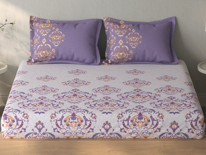 Spaces Fiora Light Violet Ornate 100% Cotton Queen Fitted Sheet with 2 Pillow Covers - 60 x 78 Inches