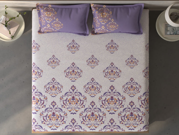 Spaces Fiora Light Violet Ornate 100% Cotton Queen Fitted Sheet with 2 Pillow Covers - 60 x 78 Inches
