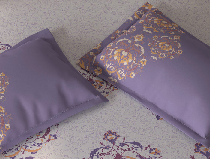 Spaces Fiora Light Violet Ornate 100% Cotton Queen Fitted Sheet with 2 Pillow Covers - 60 x 78 Inches