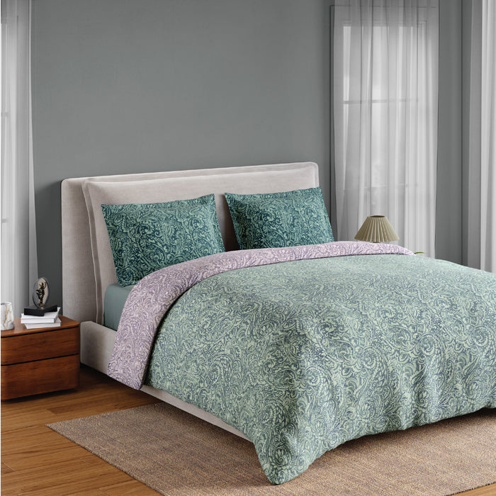 Spaces Flora 100% Cotton 144 TC Percale Floral Fitted Queen Sheet with 2 Pillow Covers, Light Green