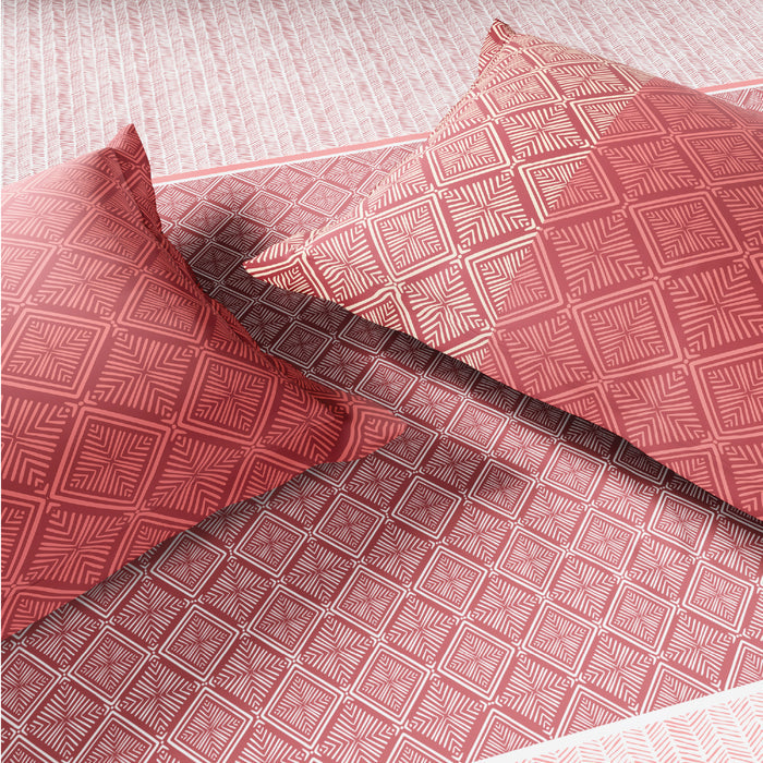 Spaces Flora 100% Cotton 144 TC Percale Geometric Double Bedsheet with 2 Pillow Covers, Dark Red