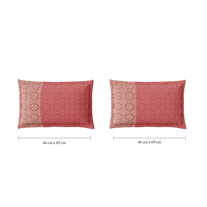 Spaces Flora 100% Cotton 144 TC Percale Geometric Double Bedsheet with 2 Pillow Covers, Dark Red