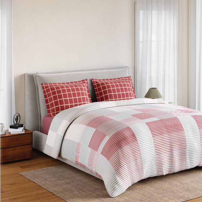Spaces Flora 100% Cotton 144 TC Percale Geometric Fitted Queen Sheet with 2 Pillow Covers, Dark Pink