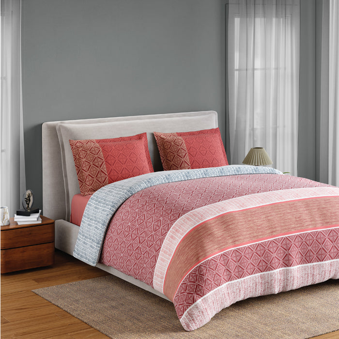 Spaces Flora 100% Cotton 144 TC Percale Geometric Fitted Queen Sheet with 2 Pillow Covers, Dark Red