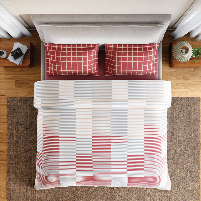 Spaces Flora 100% Cotton 144 TC Percale Geometric Fitted Queen Sheet with 2 Pillow Covers, Dark Pink