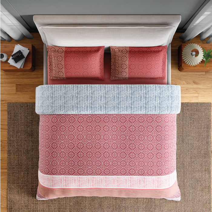 Spaces Flora 100% Cotton 144 TC Percale Geometric Fitted Queen Sheet with 2 Pillow Covers, Dark Red