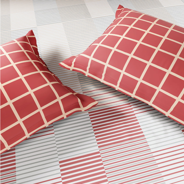 Spaces Flora 100% Cotton 144 TC Percale Geometric Fitted Queen Sheet with 2 Pillow Covers, Dark Pink