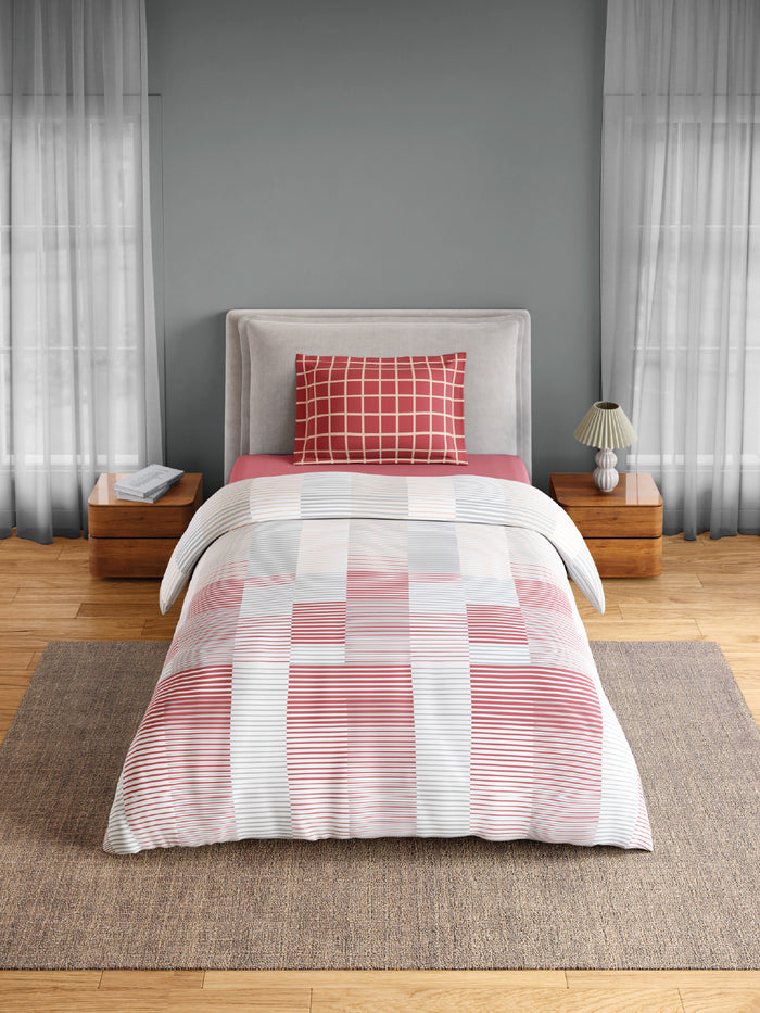 Spaces Flora 100% Cotton 144 TC Percale Geometric Single Bedsheet with 1 Pillow Cover, Dark Pink