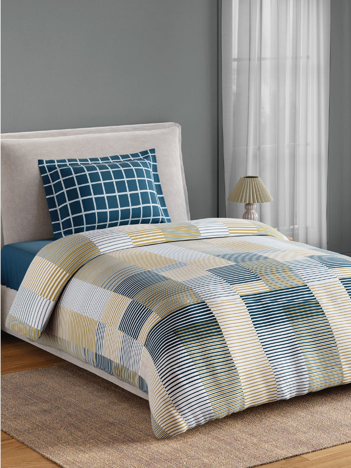 Spaces Flora 100% Cotton 144 TC Percale Geometric Single Bedsheet with 1 Pillow Cover, Light Yellow
