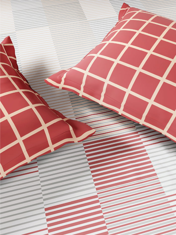 Spaces Flora 100% Cotton 144 TC Percale Geometric Single Bedsheet with 1 Pillow Cover, Dark Pink