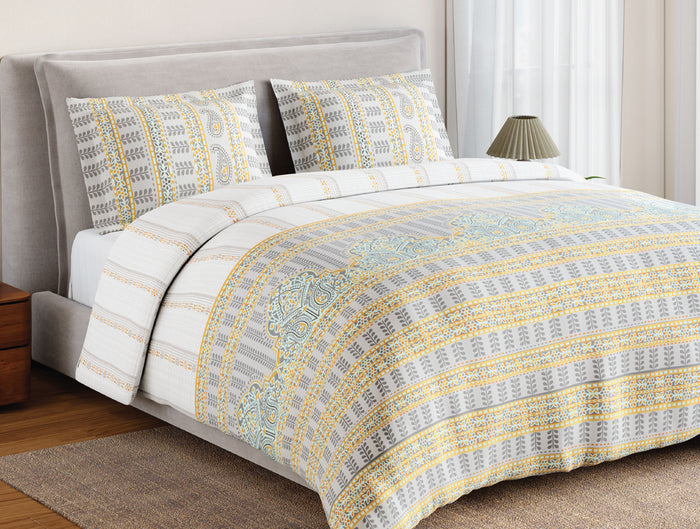 Spaces Flora 100% Cotton 144 TC Percale Ornate Double Bedsheet with 2 Pillow Covers, Light Grey
