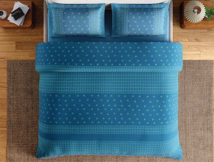 Spaces Flora 100% Cotton 144 TC Percale Ornate Double Bedsheet with 2 Pillow Covers, Blue