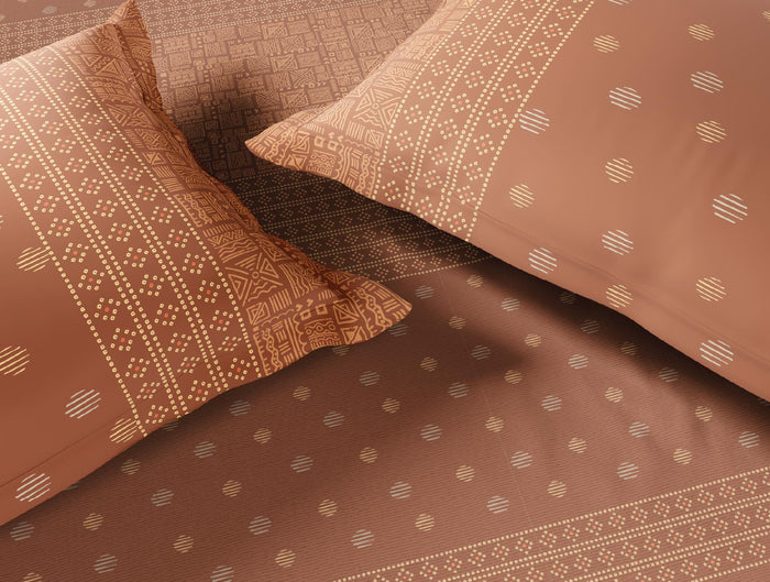 Spaces Flora 100% Cotton 144 TC Percale Ornate Double Bedsheet with 2 Pillow Covers, Brown