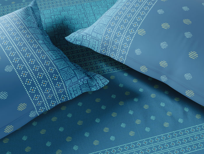 Spaces Flora 100% Cotton 144 TC Percale Ornate Double Bedsheet with 2 Pillow Covers, Blue