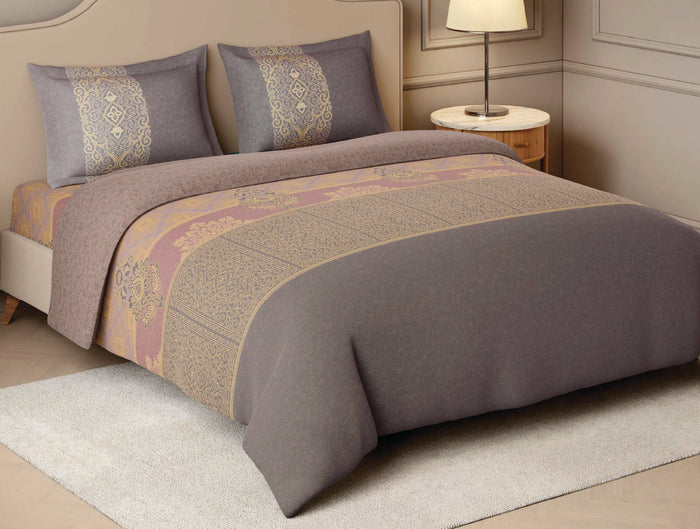 Spaces Tarakashi Light Brown Ornate 100% Cotton 210 TC Large Bedsheet with 2 Pillow Covers - 108 x 108 Inches