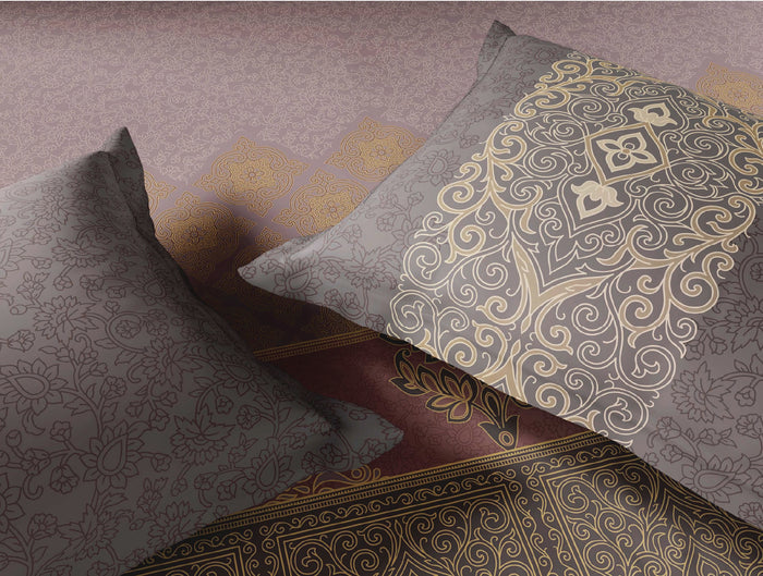 Spaces Tarakashi Light Brown Ornate 100% Cotton 210 TC Large Bedsheet with 2 Pillow Covers - 108 x 108 Inches