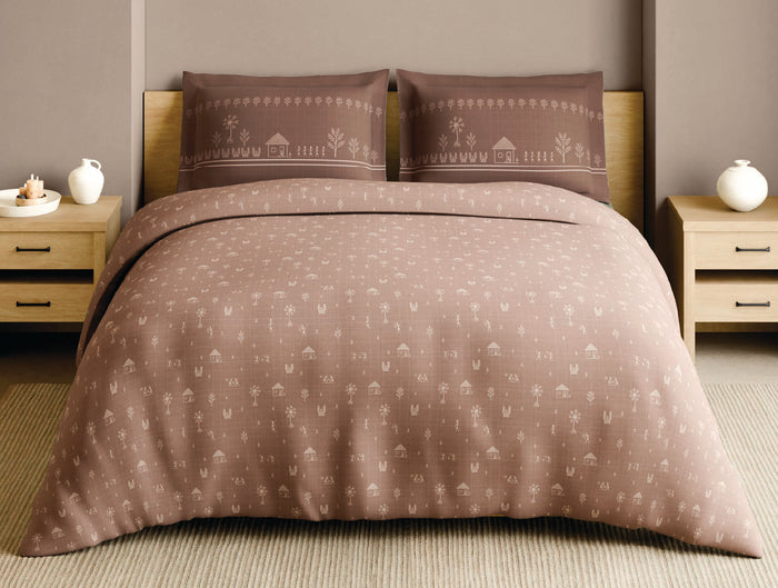 Spaces Warli Light Brown Abstract 100% Cotton 210 TC Large Bedsheet with 2 Pillow Covers - 108 x 108 Inches