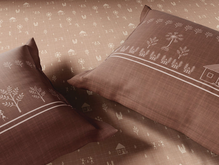 Spaces Warli Light Brown Abstract 100% Cotton 210 TC Large Bedsheet with 2 Pillow Covers - 108 x 108 Inches