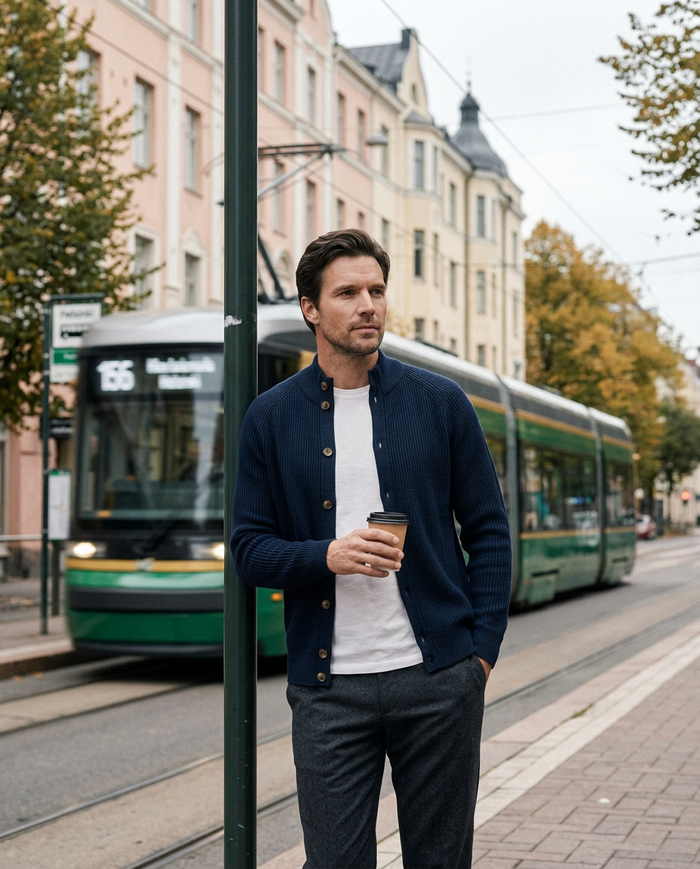 Navy button cardigan worn at a Helsinki tram stop in autumn