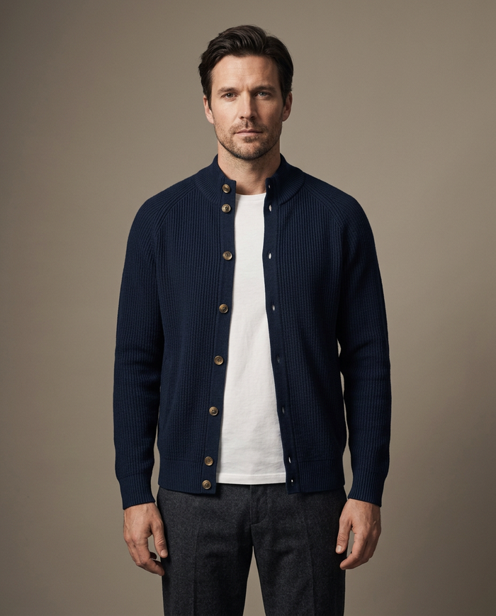 Navy button-front knitted cardigan with stand collar