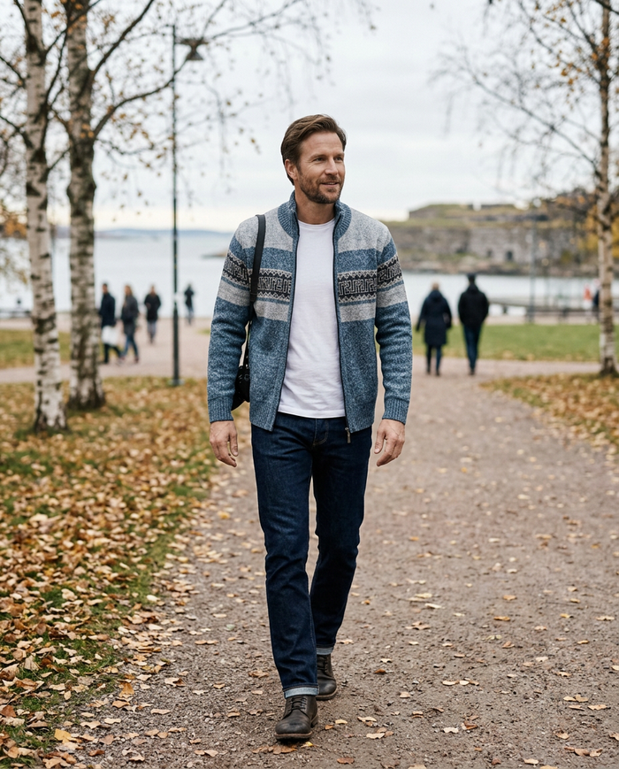 Fair-isle knitted jacket worn on a Helsinki park path in autumn