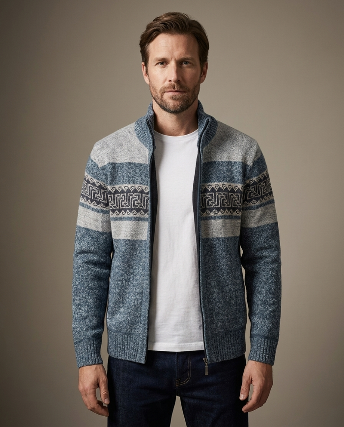 Blue and grey fair-isle full-zip knitted jacket with stand collar