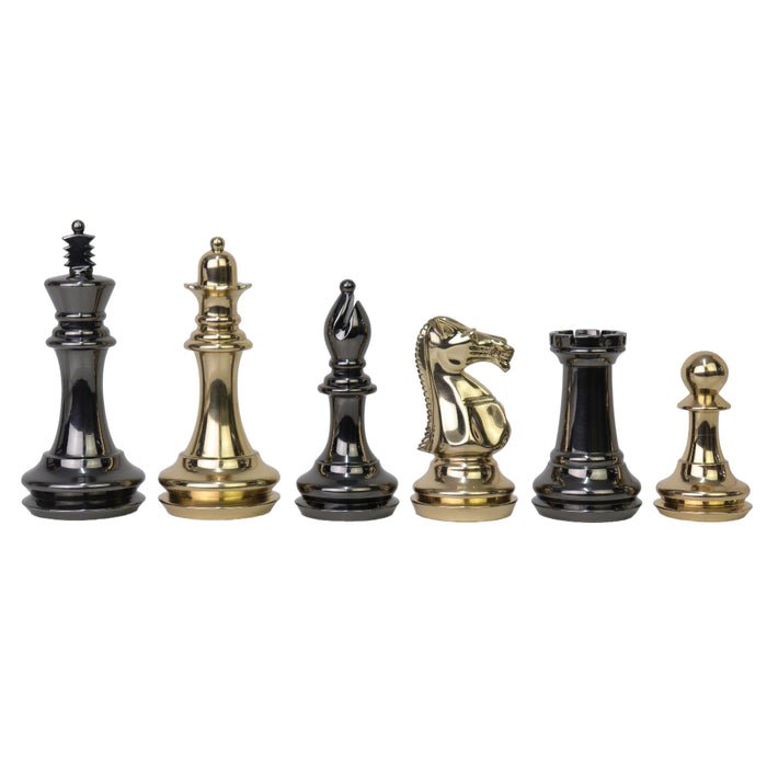 Staunton Metal Chess Pieces in a row - Black King, Gold Queen, Black Bishop, Gold Knight, Black Rook and Gold Pawn