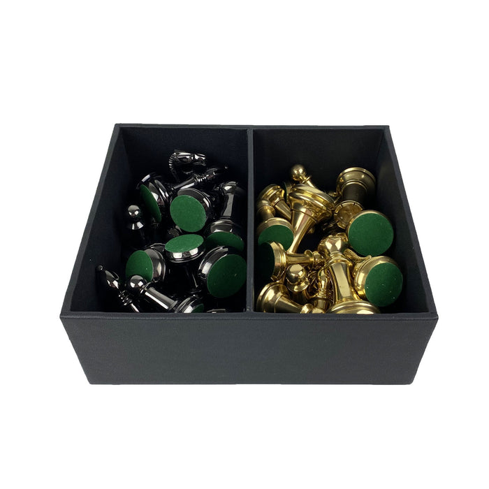 Staunton Metal Chess Pieces in a felt lined chess box. Black pieces on one side and gold pieces on the other side.